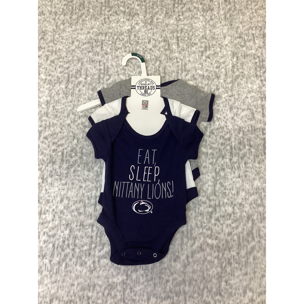 Penn State Nittany Lions 3-Pack Baby Bodysuits 0-3M Rivalry Threads Navy Grey
